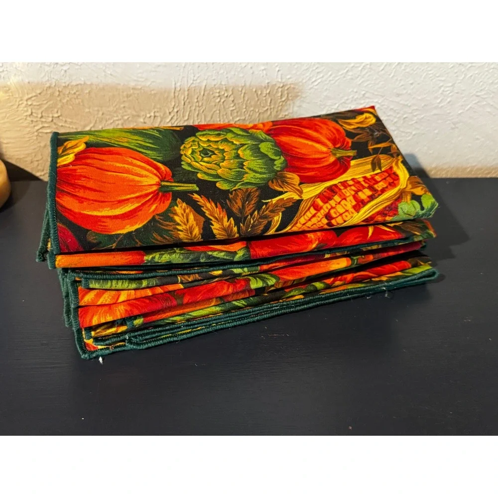 Handmade Fall Harvest Cloth Napkins Pumpkins Set of 8 Autumn Thanksgiving Vtg